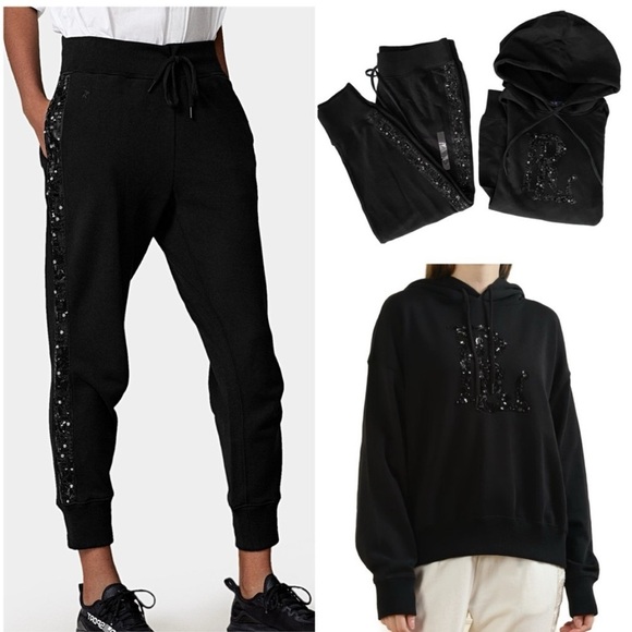 SET POLO RALPH LAUREN Embellished Logo French Terry Hoodie Jogger S Black bling